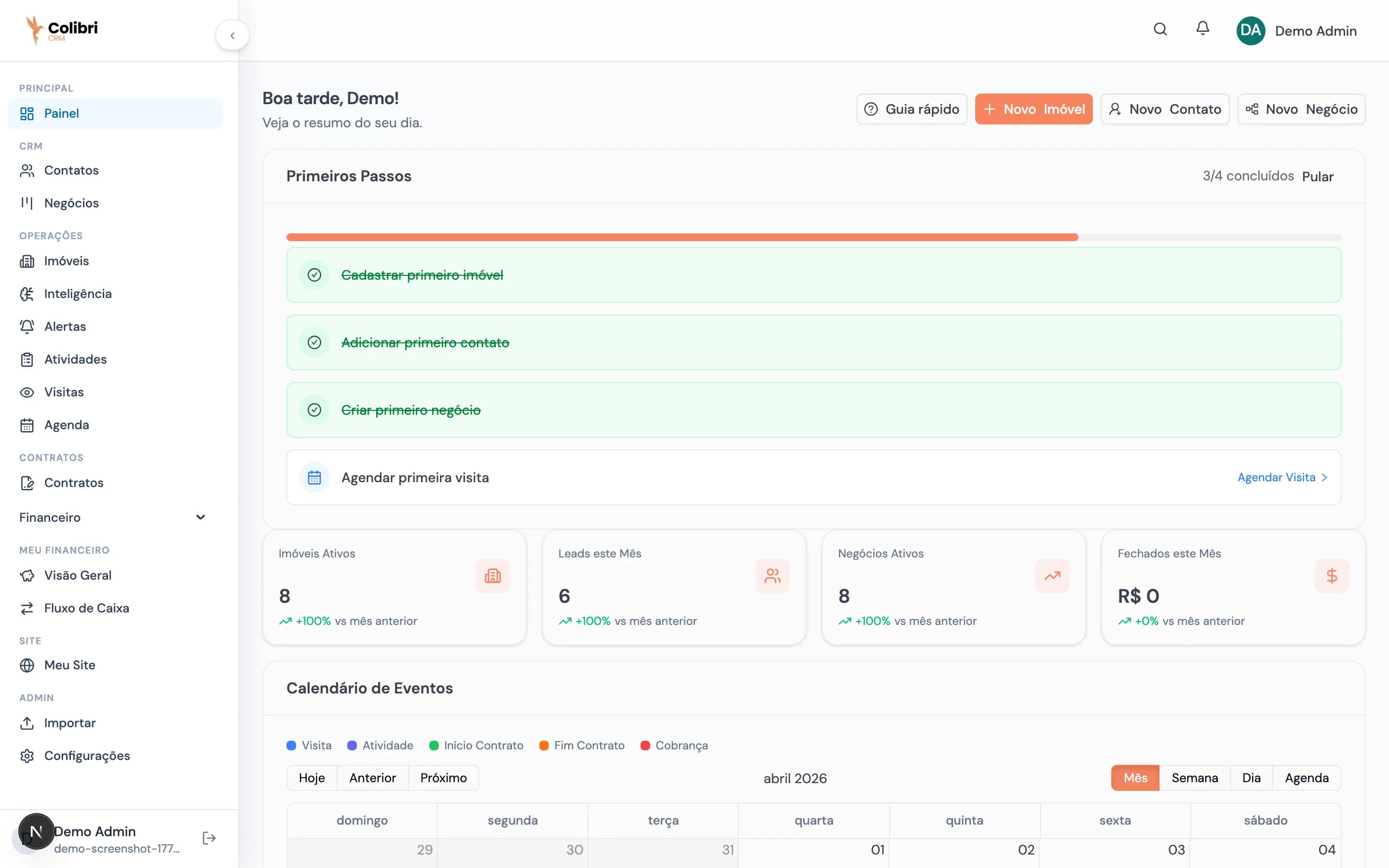 Dashboard gerencial com métricas e calendário